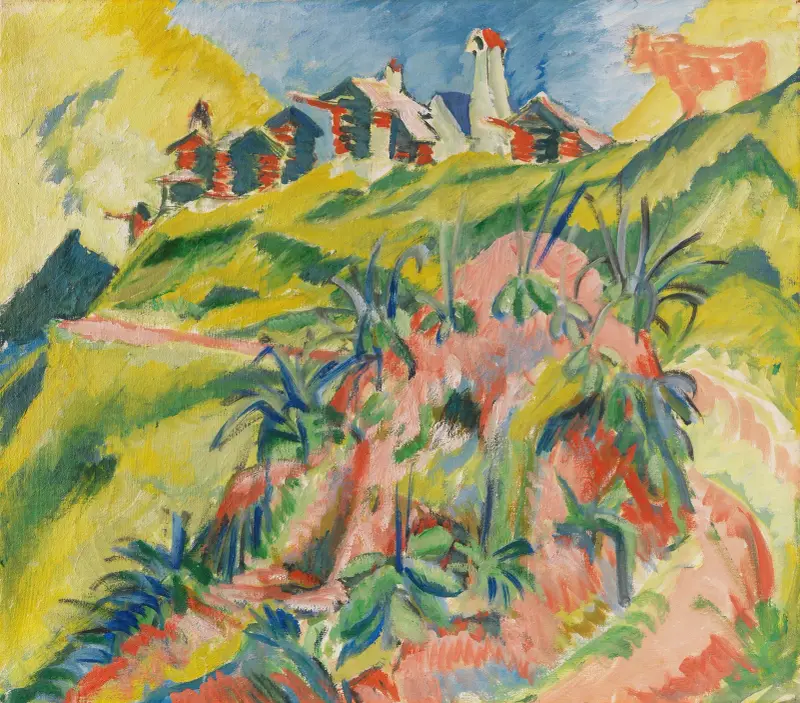 Bergdorf mit rosa Kuh av Ernst Ludwig Kirchner
