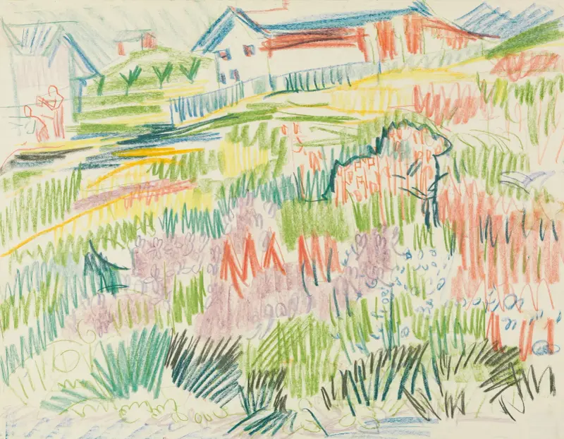 Blumenwiese mit Häusern av Ernst Ludwig Kirchner
