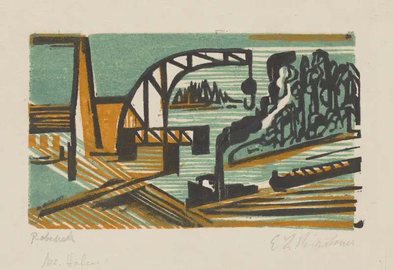 Flusslandschaft mit Kran und Schleppzug av Ernst Ludwig Kirchner