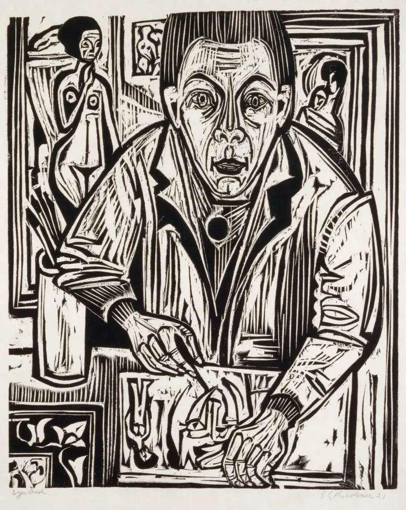 Selbstbildnis, holzschneidend av Ernst Ludwig Kirchner
