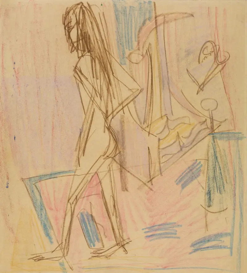 Stehender weiblicher Akt auf Teppich av Ernst Ludwig Kirchner