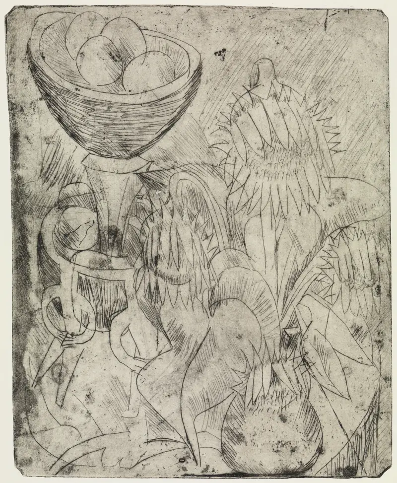 Stillleben mit Sonnenblumen und Obstschale av Ernst Ludwig Kirchner