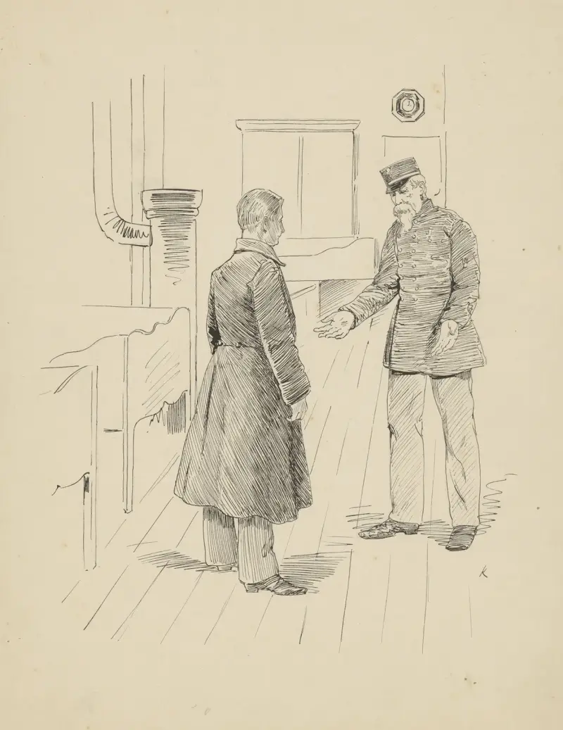 Man in overjas en een militair in een interieur av Hendrik Maarten Krabbé