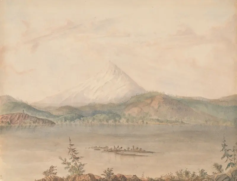 Mount Hood von der Mündung des Dog River – Columbia River oberhalb der Cascades von James Madison Alden