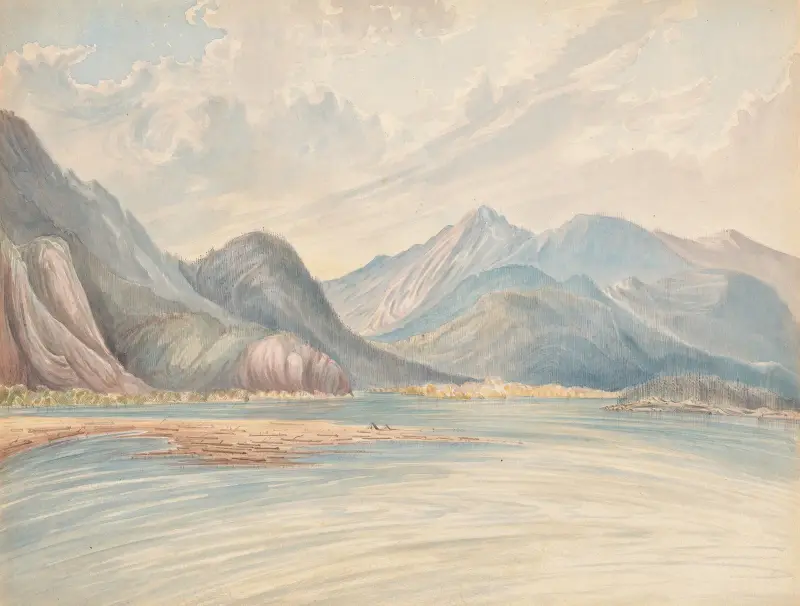 Am Fraser River flussaufwärts vom nahen Mündungsgebiet des Chiloneyuck River, British Columbia von James Madison Alden