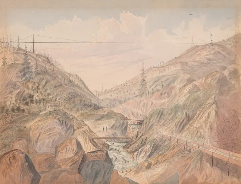 Suspension Flume. Cañon near Murphy’s Diggings, Cala. av James Madison Alden
