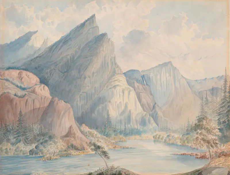 The Three Brothers. 4000 ft. high with distant view of the big falls. Valley of the Yo-Semite av James Madison Alden