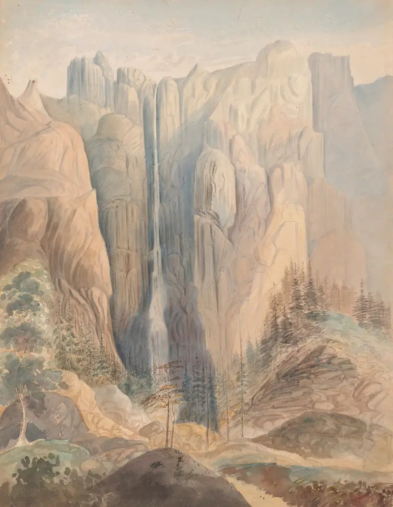 Waterfall opposite the ‘Bridal Veil’ Yo-semite Valley Cala. av James Madison Alden