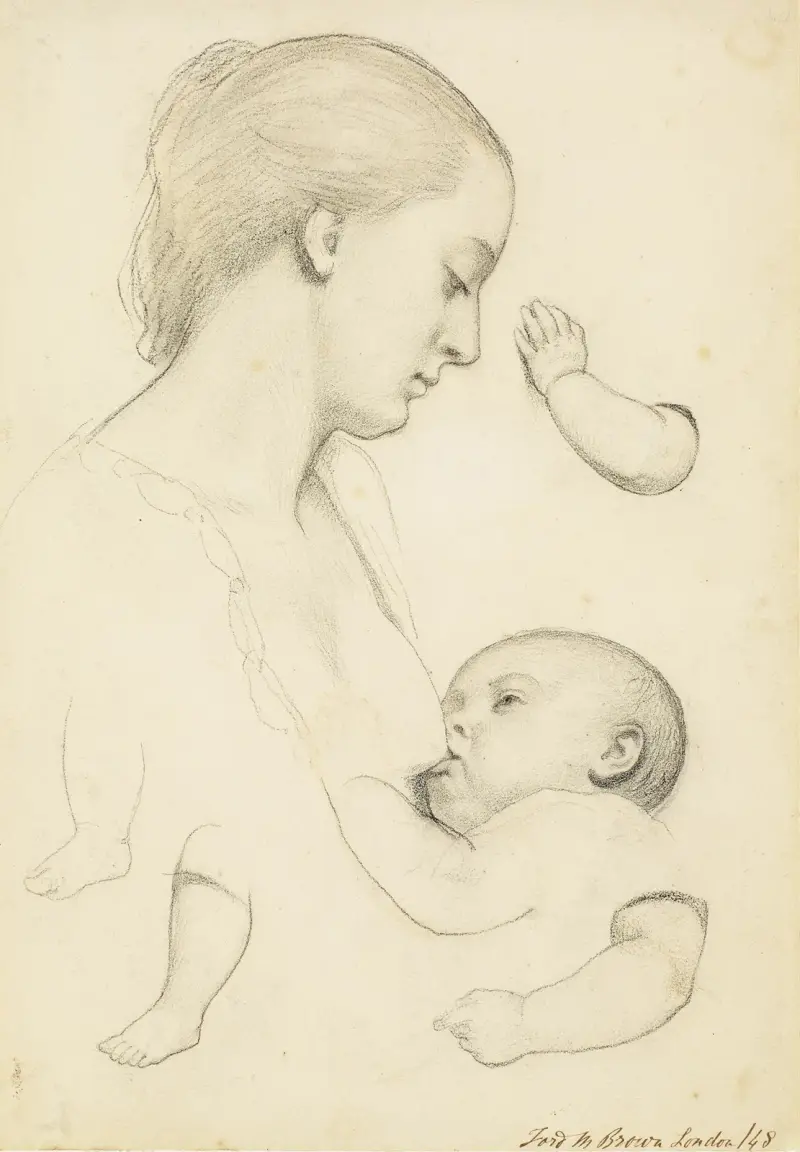 Infant’s Repast – Study of a Mother and Child with separate Arm and Leg Studies of the Child av Ford Madox Brown