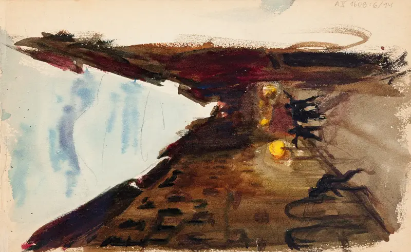 Gata och människor i kvällsskymning, skiss av Magnus Enckell