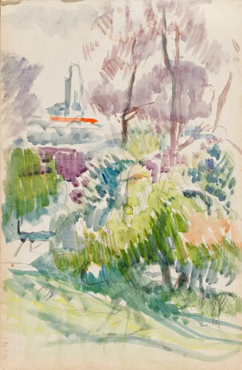 Landskap, buskar, träd och torn, skiss av Magnus Enckell