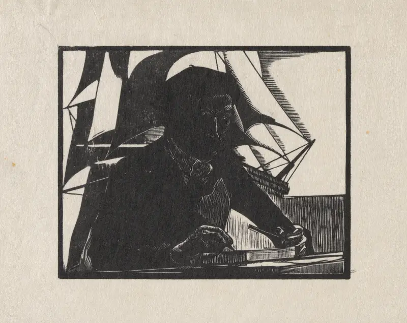 Marc Gonthier gravant (au bateau) av Marc Gonthier