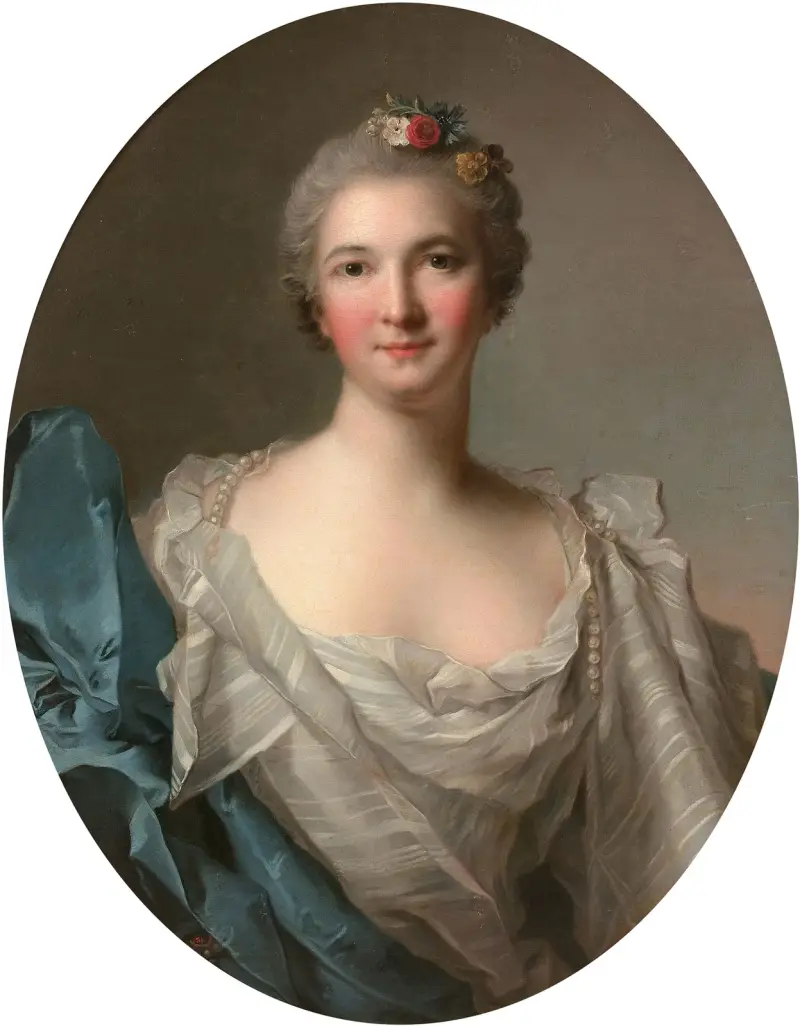 Porträt einer vornehmen Dame in weißem Kleid und blauem Vorhang von Jean-Marc Nattier