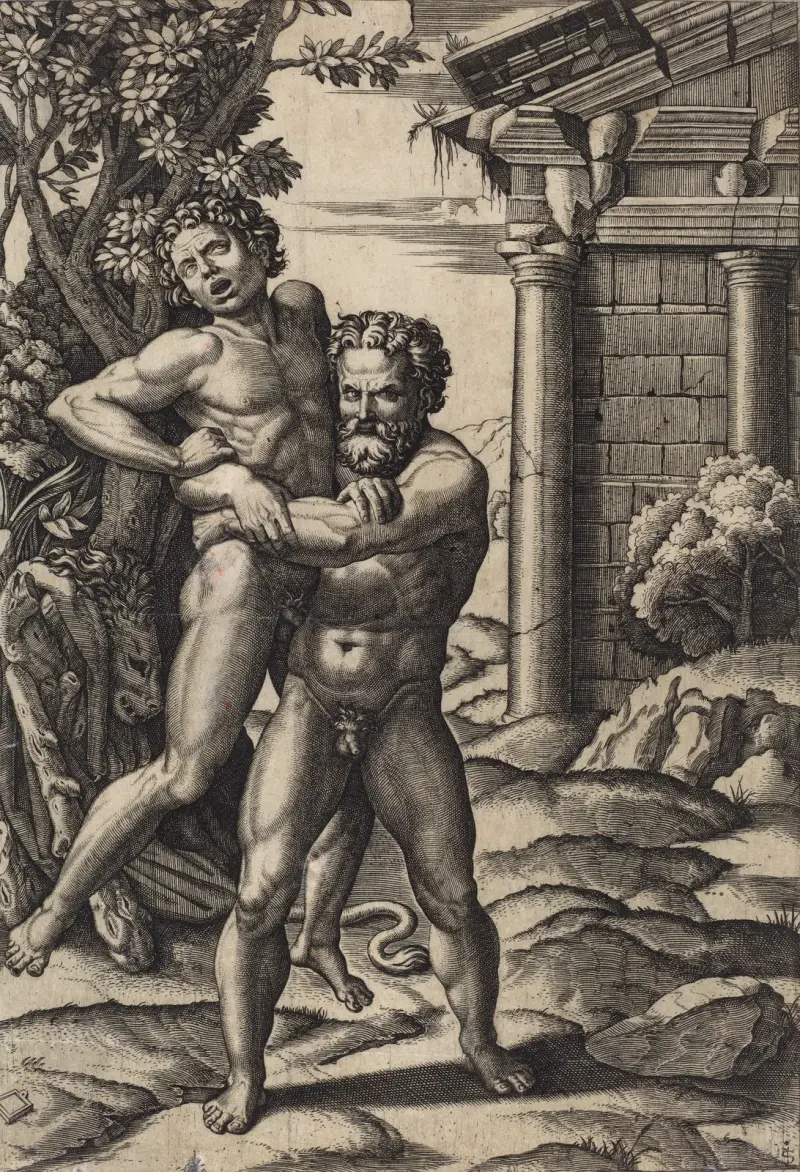Hercules and Antaeus av Marcantonio Raimondi