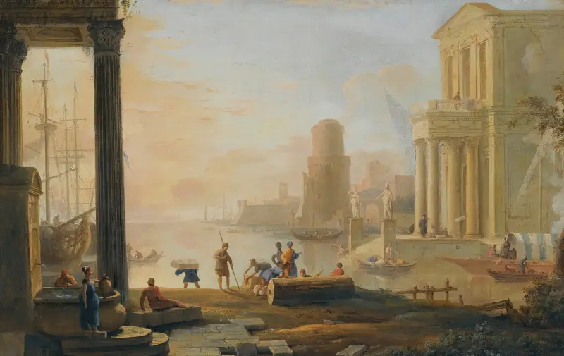 Capriccio einer klassischen Hafenstadt bei Sonnenuntergang von Marco Ricci