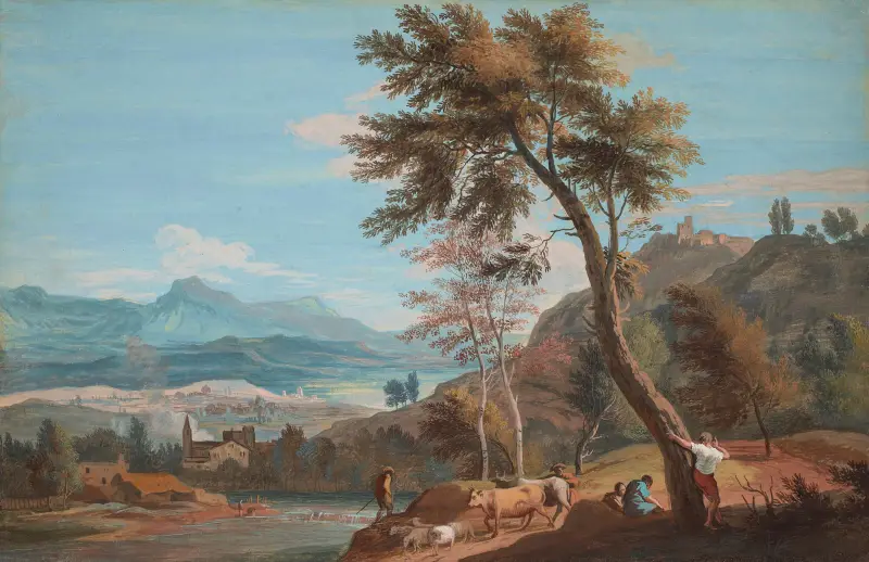 Farmers and cattle by a river av Marco Ricci