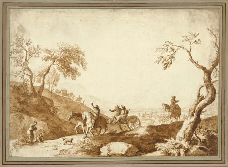 Landscape with Travellers, Two Riding in a Carriage Driven by a Postilion and a Third on Horseback behind av Marco Ricci