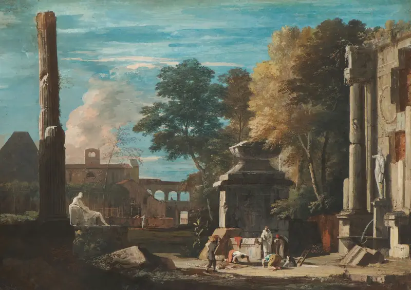Venetian Capriccio With a Body Being Exhumed and a Franciscan Monk in Attendance, 1700 – nr 1 av Marco Ricci