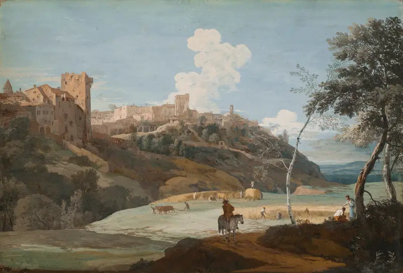 View of an Italian hilltown with a horseman and peasants laboring av Marco Ricci