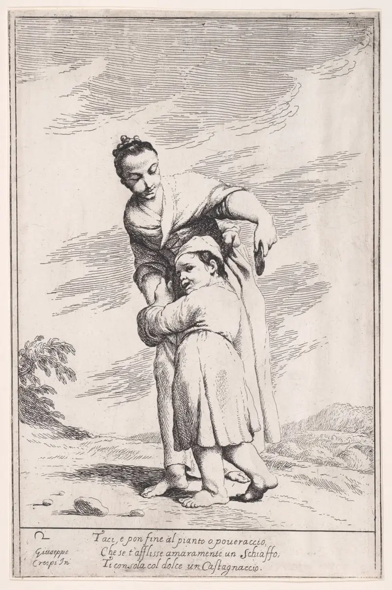 Plansch 16; Menghina som stillar Cacasennos hunger med en kastanjekaka av Giuseppe Maria Crespi