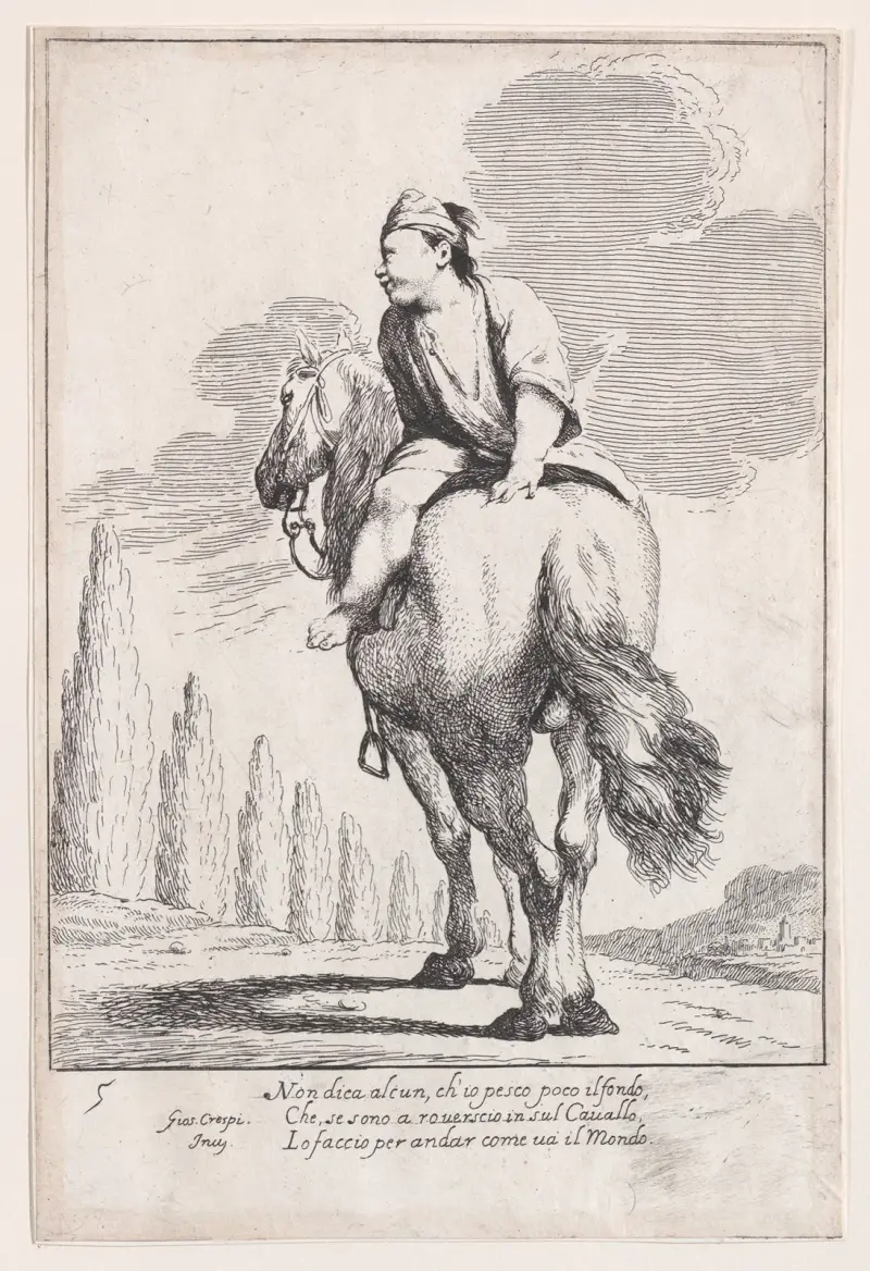 Plansch 19; Cacasenno rider baklänges på en häst av Giuseppe Maria Crespi