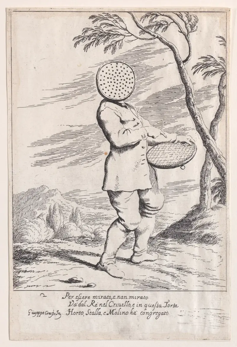 Plate 2; Bertoldo holding a tart in his hand and wearing a sieve on his head av Giuseppe Maria Crespi