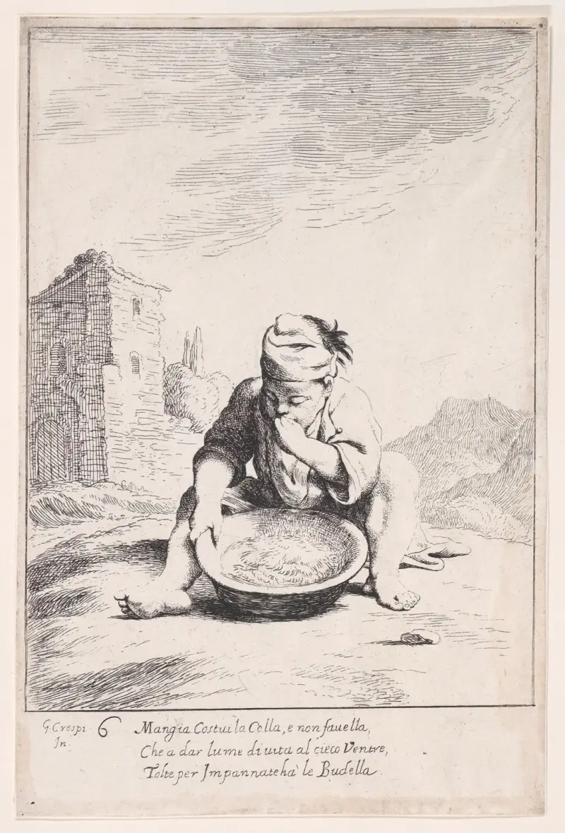 Plate 20; Cacasenno eating a bowl of pasta av Giuseppe Maria Crespi