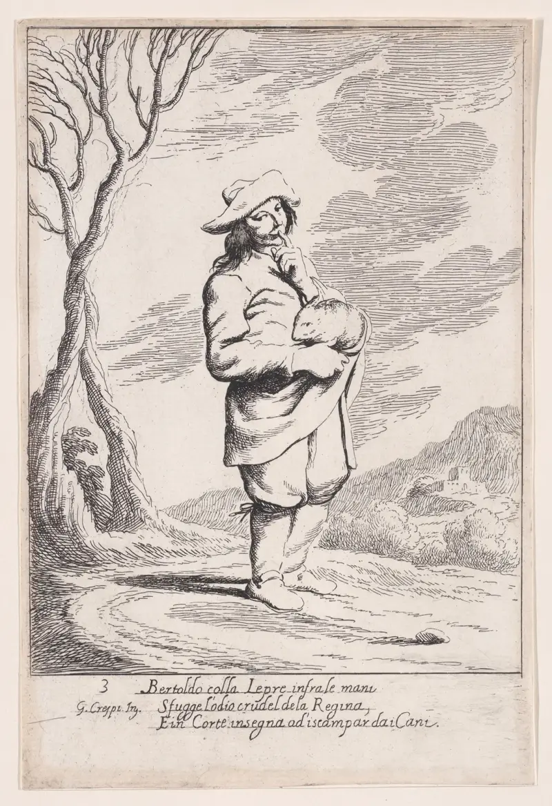 Plate 3; Bertoldo holding a hare in his hand av Giuseppe Maria Crespi