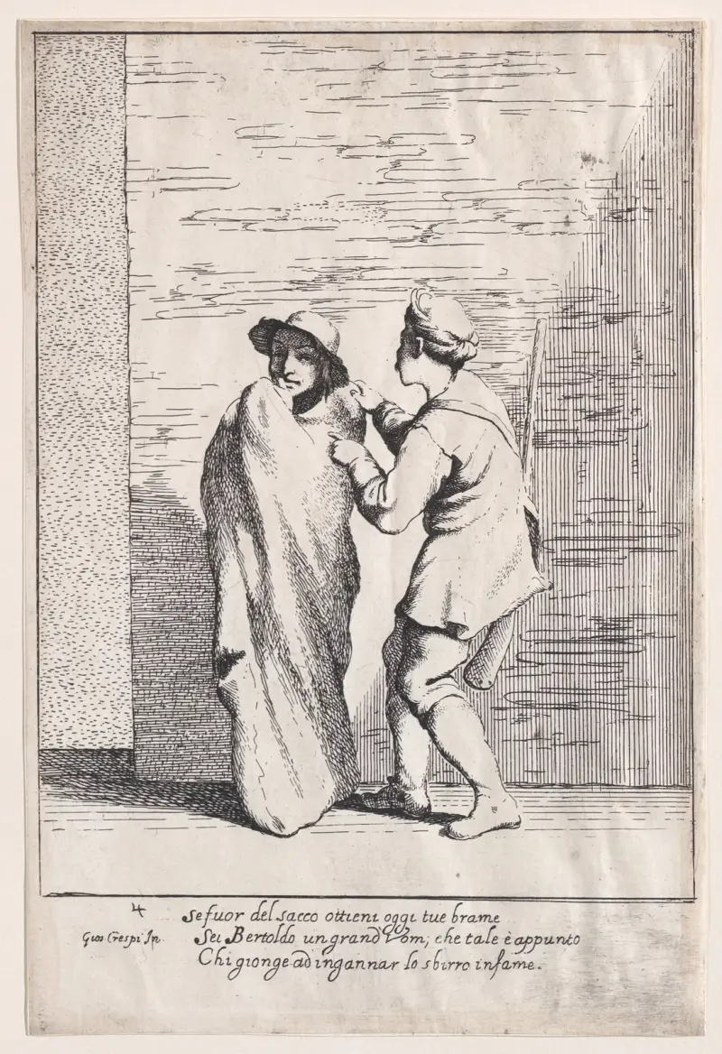Plate 4; Bertoldo stuffed in a sack av Giuseppe Maria Crespi