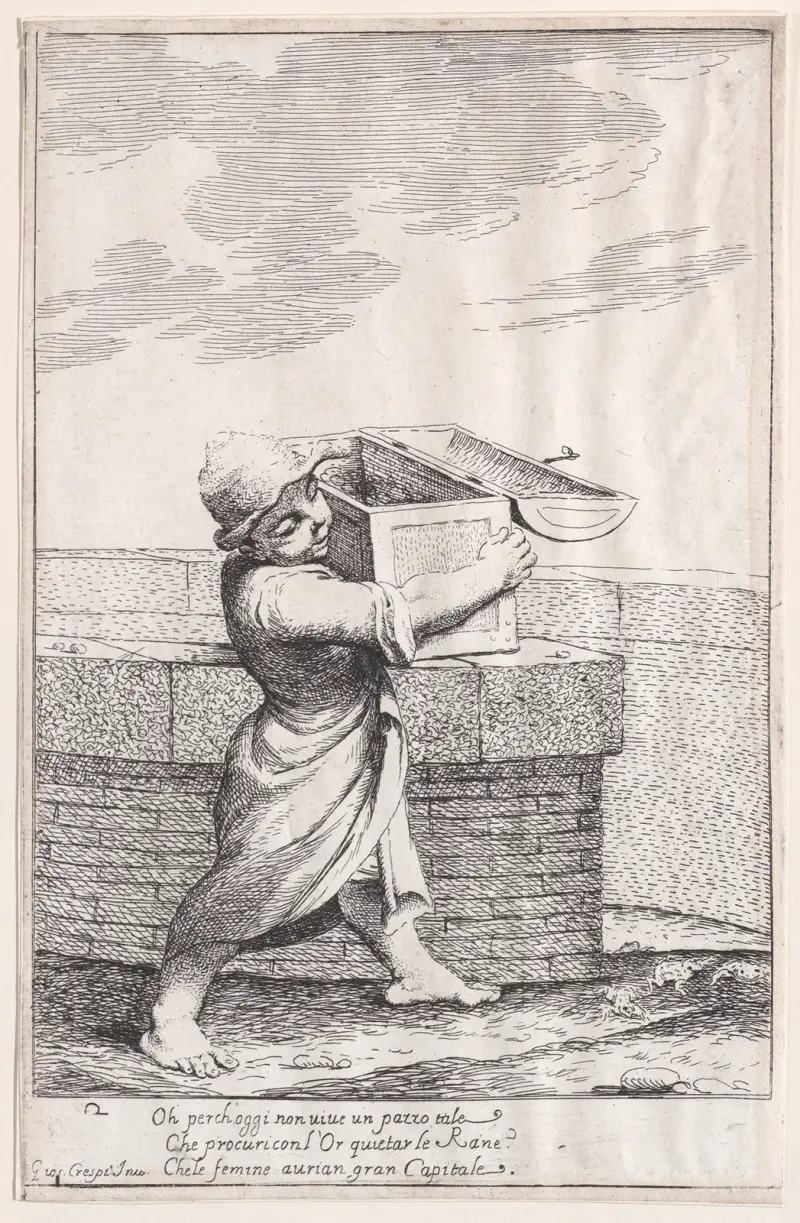 Blad 8; Bertoldino, rasande över grodornas kväkande, kastar sin kassaskrin i fiskdammen av Giuseppe Maria Crespi