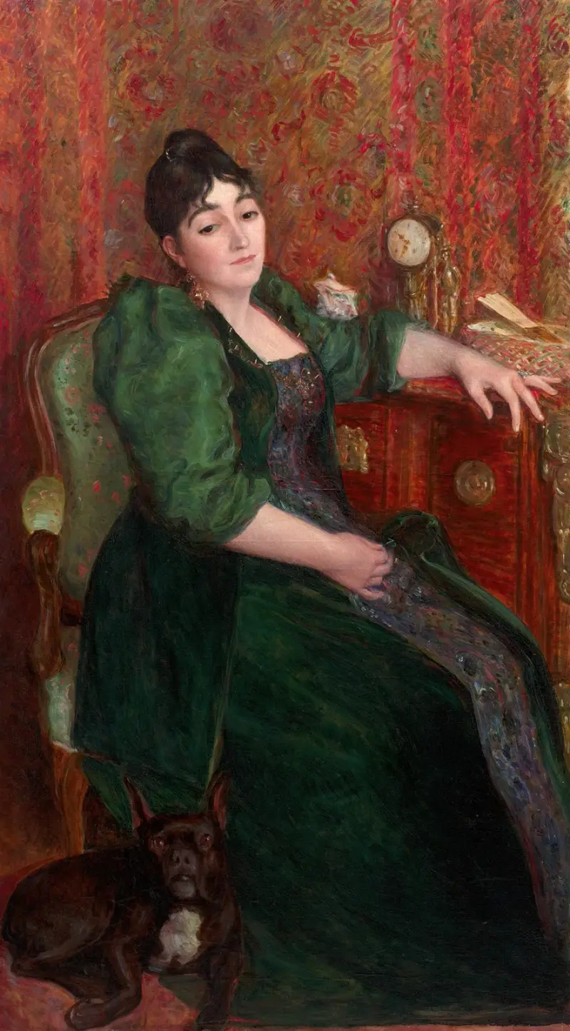 Autoportret artystki w fotelu z Bobem, jej francuskim buldogiem, Marie Bracquemond