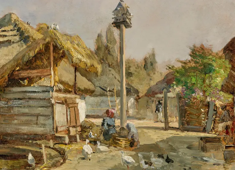 A farmyard with geese and chickens av Marie Egner
