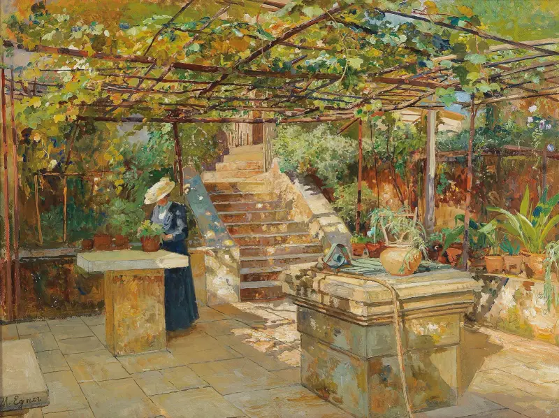 Eine Blumenliebhaberin auf einer sonnigen Terrasse von Marie Egner