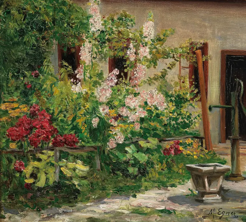 Vorgarten mit blühenden Stockrosen – Nr. 1 von Marie Egner
