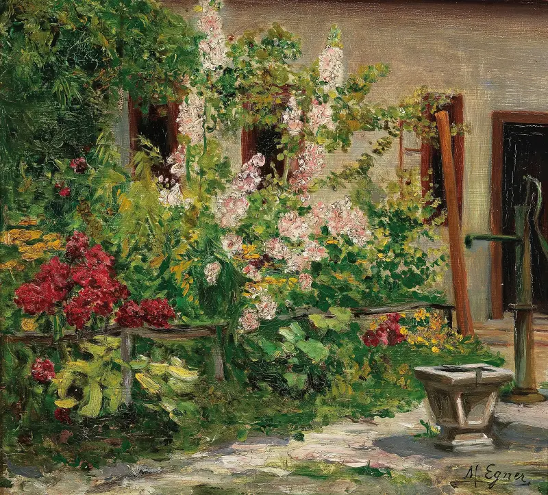Vorgarten mit blühenden Stockrosen – Nr. 2 von Marie Egner