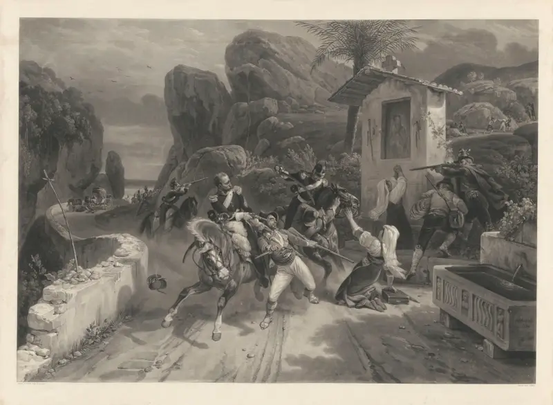 Combat entre les dragons du pape et les brigands (after Horace Vernet) av Jean-Pierre-Marie Jazet