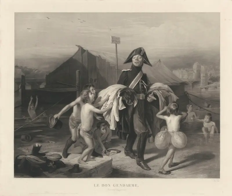 Den gode gendarmen (och de små badarna) (efter François-Auguste Biard) av Jean-Pierre-Marie Jazet
