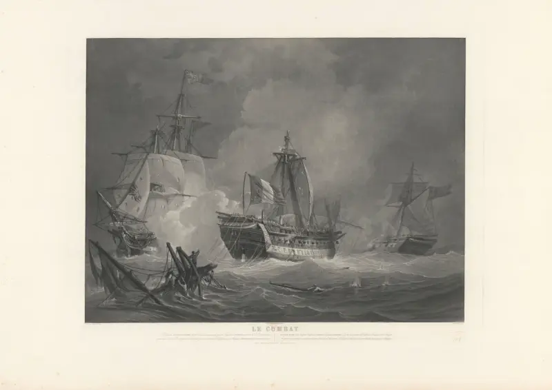 Le Combat – Le Vaisseau LES DROITS DE L’HOMME, de 74 canons, commandé par le Capitaine LA CROSSE soutient le 13 Janvier 1797 (after Morel-Fatio) av Jean-Pierre-Marie Jazet