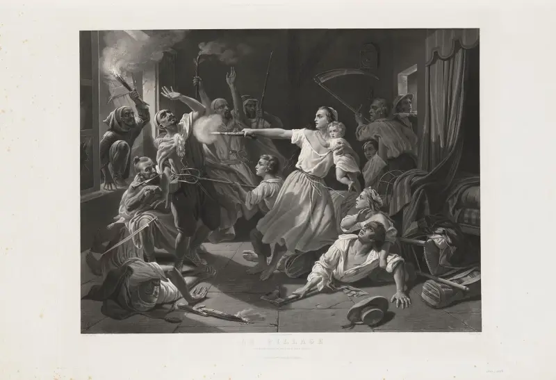 Le Pillage – Attaque d’une ferme française à Dra-El-Mizan (Algérie) (after Jules Alfred Vincent Rigo) av Jean-Pierre-Marie Jazet