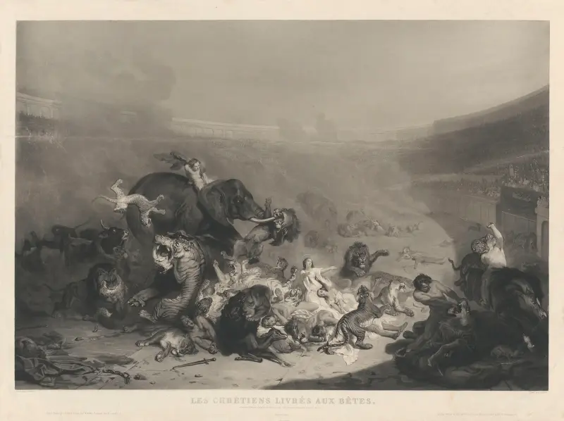 Les Chrétiens livrés aux bêtes (after Louis Félix Leullier) av Jean-Pierre-Marie Jazet