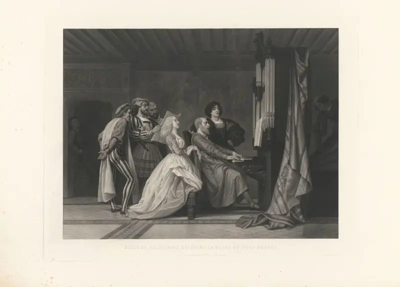 Maestro Palestrina repeterar påve Marcellus mässa (efter Gustave Boulanger) av Jean-Pierre-Marie Jazet