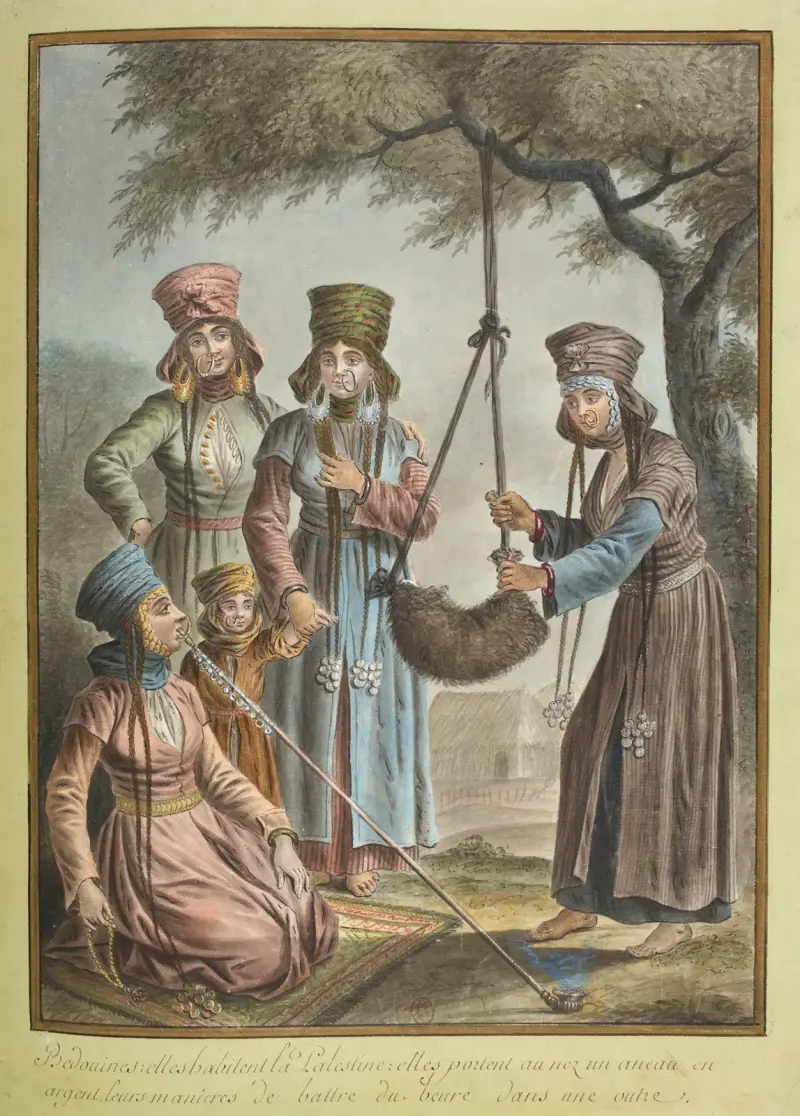 Bédouines – elles habitent la Palestine – elles portent au nez un aneau en argent. Leurs manières de battre du beure dans une outre av François-Marie Rosset