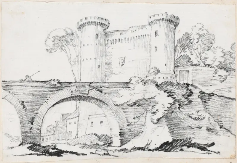 A Stone Bridge and the Fortified Entrance to a Town av Joseph-Marie Vien