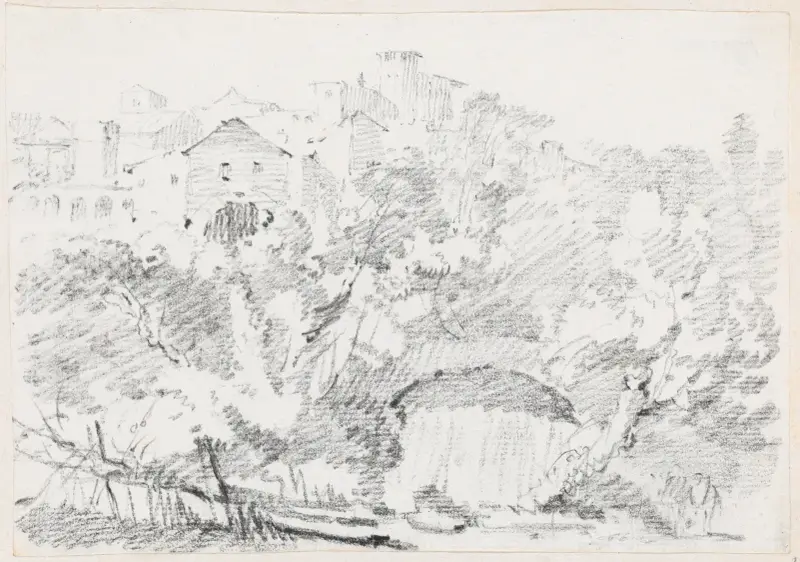 A Waterfall near a Hilltown in Italy av Joseph-Marie Vien