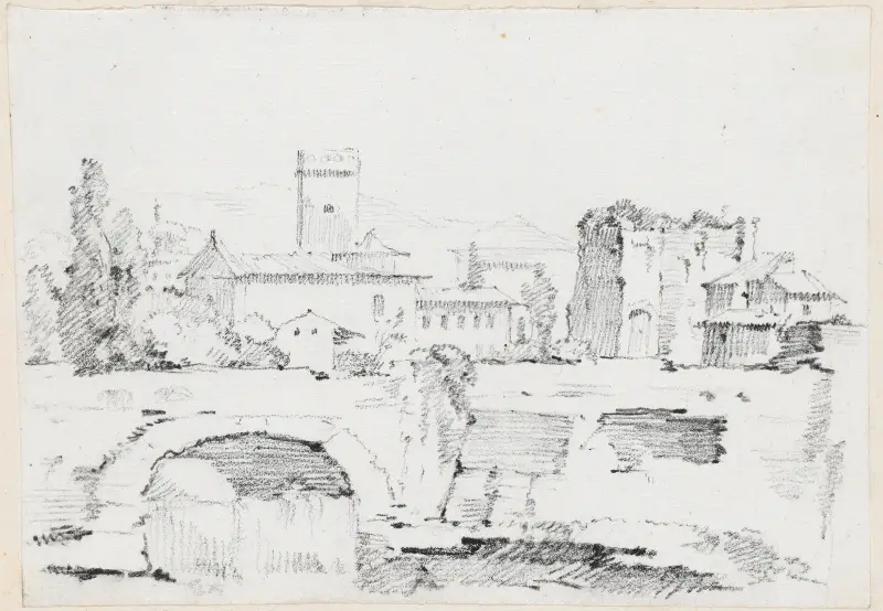 An Italian Town with a Stone Bridge and a Waterfall av Joseph-Marie Vien