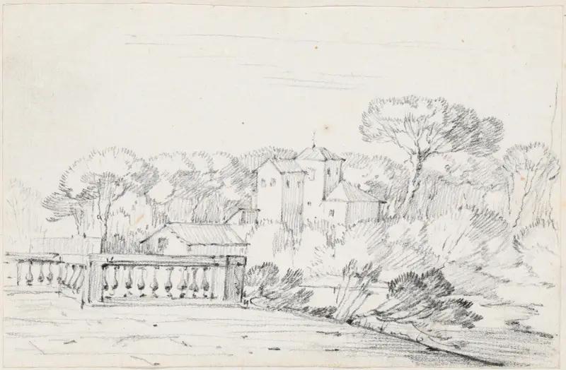 Terrasse vid en flod med en villa och träd bortom av Joseph-Marie Vien