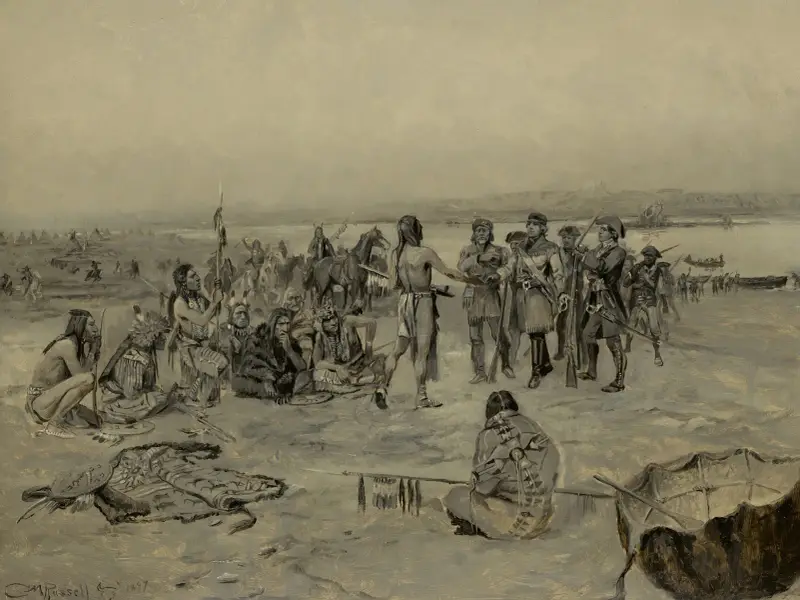 Lewis und Clark treffen die Mandan von Charles Marion Russell