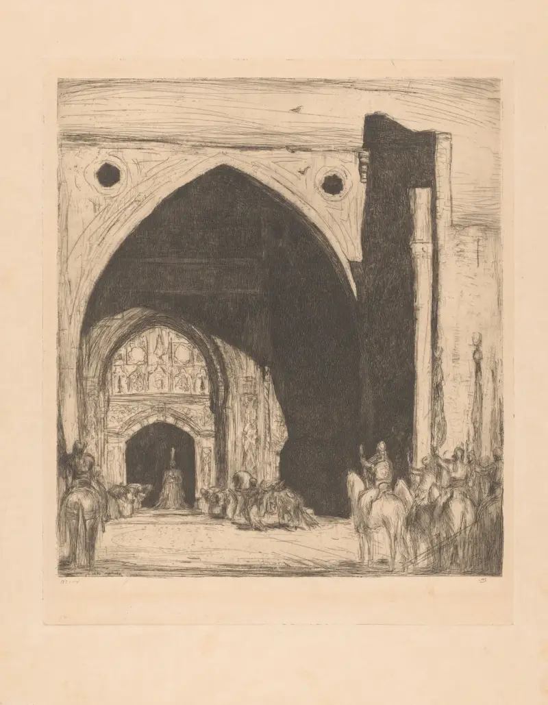 Begroeting van de sultan onder een poort av Marius Bauer