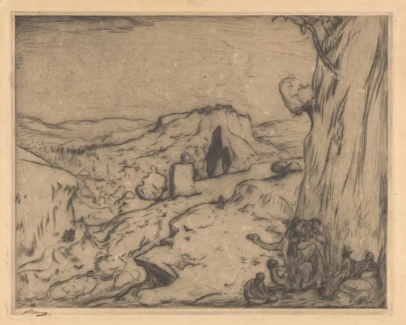 Gezicht op een oosterse stad in een dal av Marius Bauer