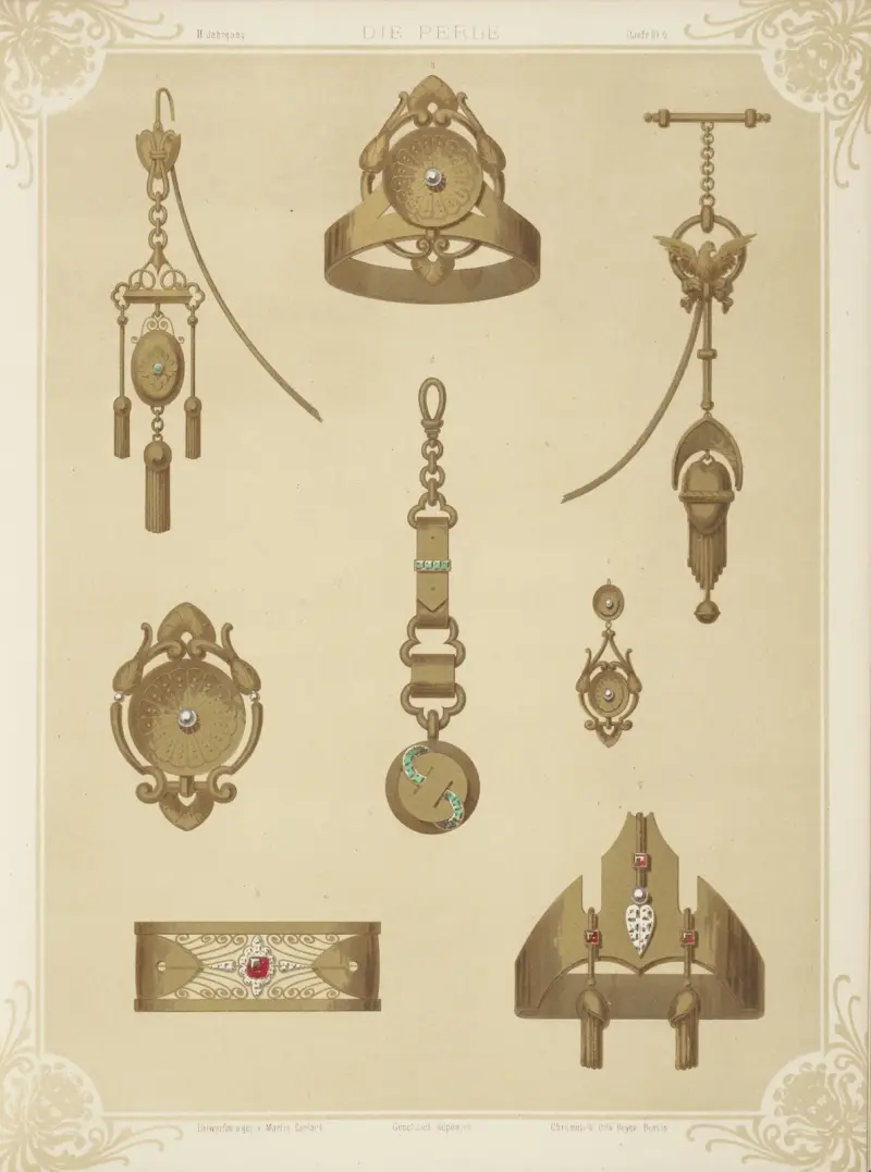 Rocznik II (Zeszyt II) 4. [Osiem projektów biżuterii, w tym złote wyroby z zielonymi kamieniami i perłami], Martin Gerlach